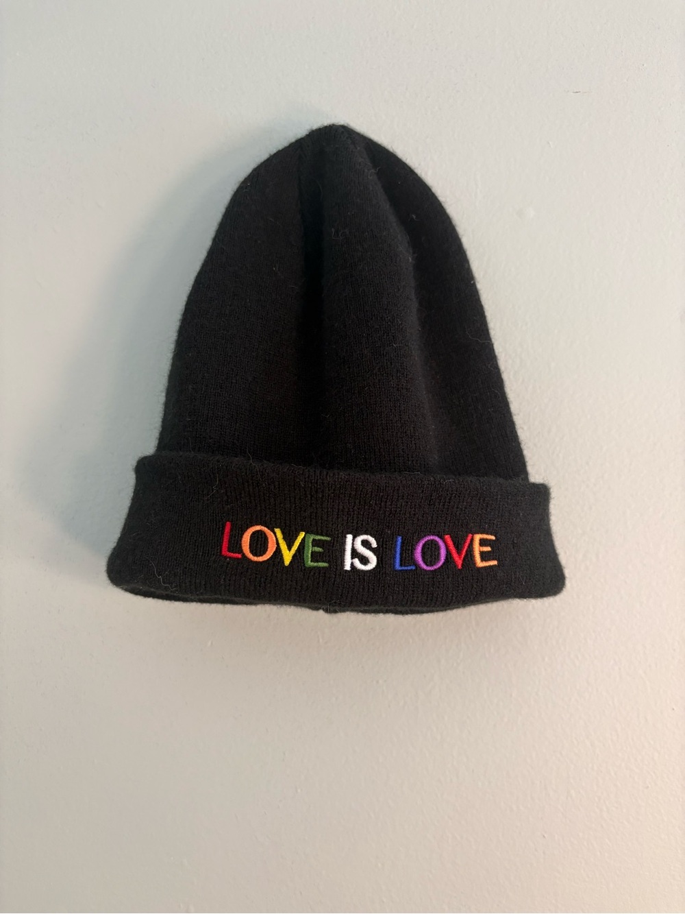 Unisex Black Beanie Hat with Rainbow "LOVE IS LOVE" Embroidery